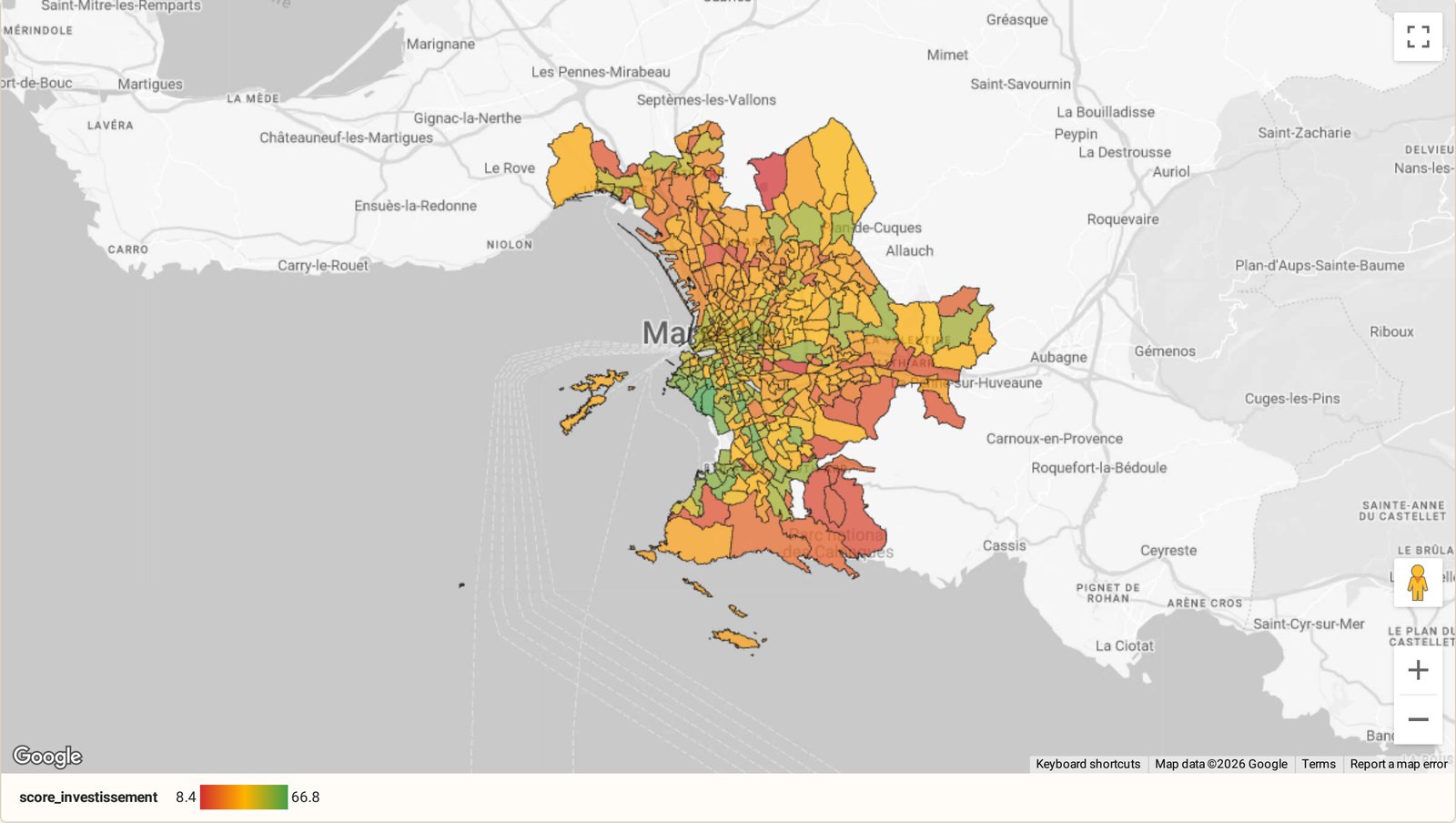 Carte des secteurs de Marseille par score d'attractivité